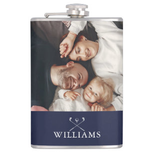 Personalised Photo And Name Golf Clubs Navy Blue Hip Flask