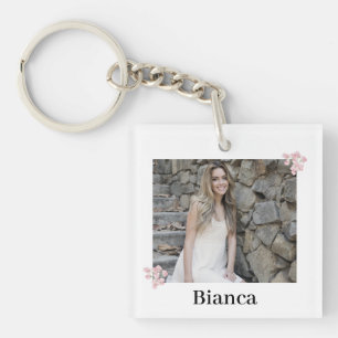 Personalised Photo and Name Pink Floral Key Ring