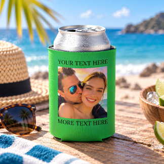 Personalised Photo and Text Green  Can Cooler