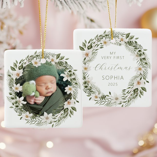 Personalised Photo Baby First Christmas Woodland Ceramic Ornament (Creator Uploaded)