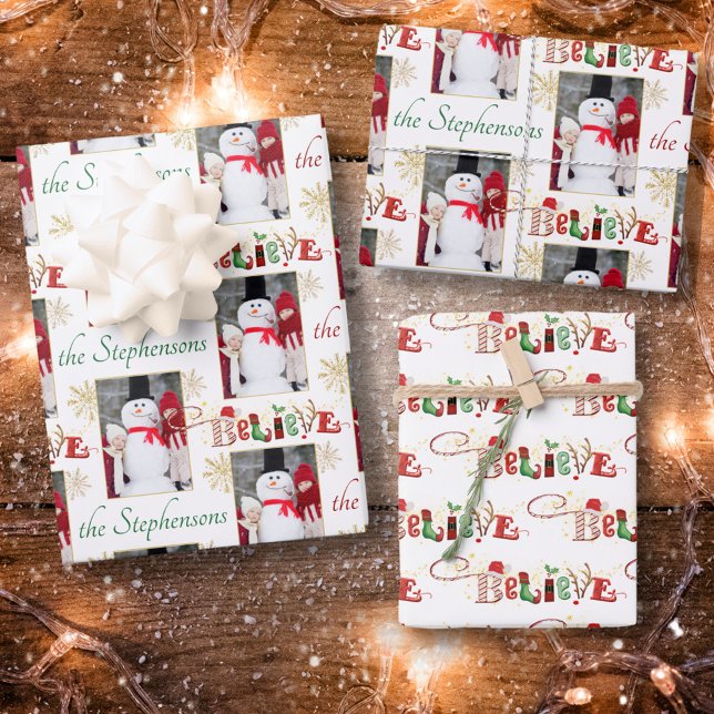 Personalised Photo BELIEVE Christmas Typography Wrapping Paper Sheet (Creator Uploaded)