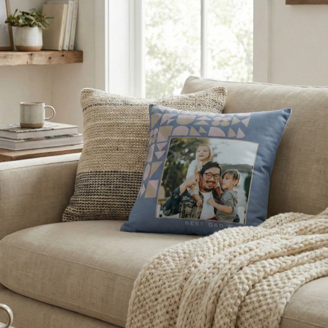 Personalised Photo Best Dad Ever Blue Geometric Cushion (Creator Uploaded)