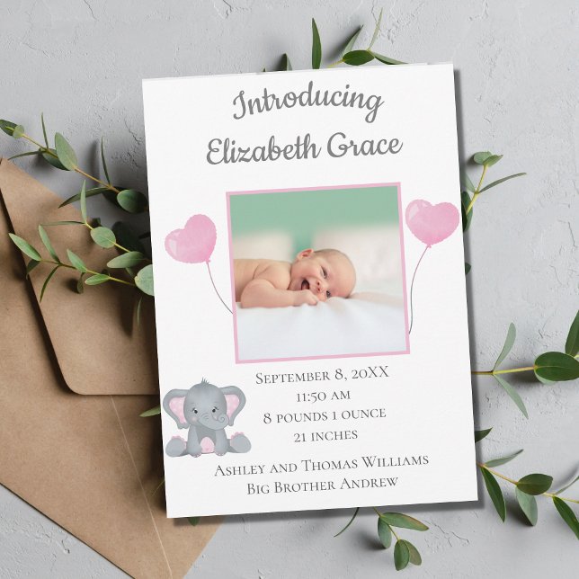Personalised Photo Birth Stats Girl Baby Elephant  Announcement (Creator Uploaded)