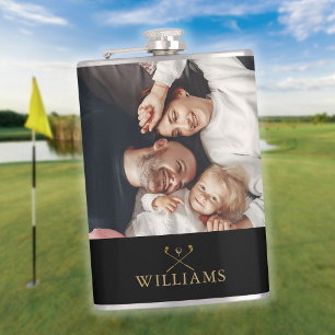 Personalised Photo Black And Gold Golf Clubs Hip Flask
