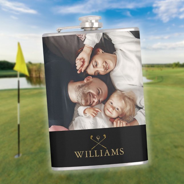 Personalised Photo Black And Gold Golf Clubs Hip Flask (Personalized Photo Black And Gold Golf Clubs Flask)