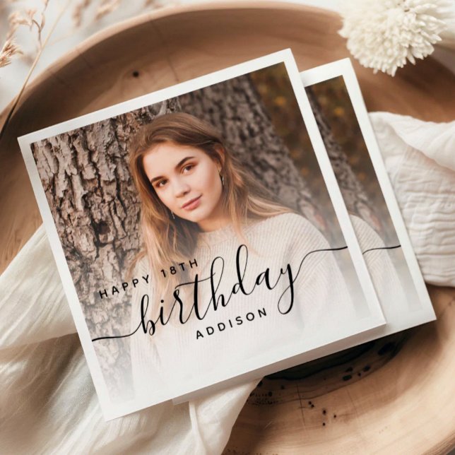 Personalised Photo Black Script 18th Birthday Napkin (Creator Uploaded)