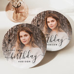 Personalised Photo Black Script 18th Birthday Paper Plate<br><div class="desc">Modern birthday party paper plates featuring a custom photo. Easily replace the sample image with a photo of the guest of honour. The word "birthday" appears in elegant black handwriting script. Personalise the text with the name and birthday year in black sans serif font. A white gradient overlay helps make...</div>