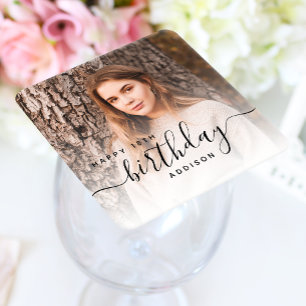 Personalised Photo Black Script 18th Birthday Square Paper Coaster