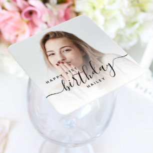 Personalised Photo Black Script 21st Birthday Square Paper Coaster