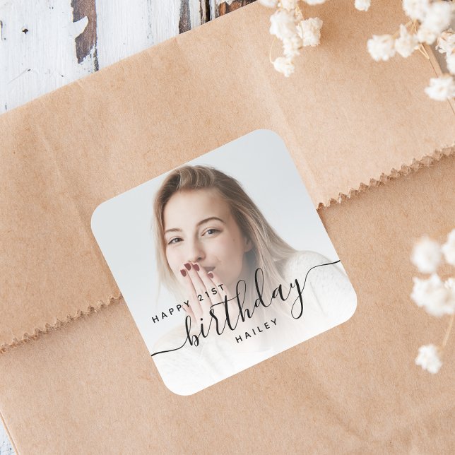 Personalised Photo Black Script 21st Birthday Square Sticker (Creator Uploaded)