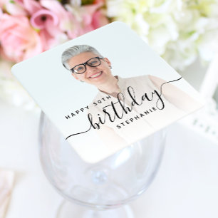 Personalised Photo Black Script 50th Birthday Square Paper Coaster