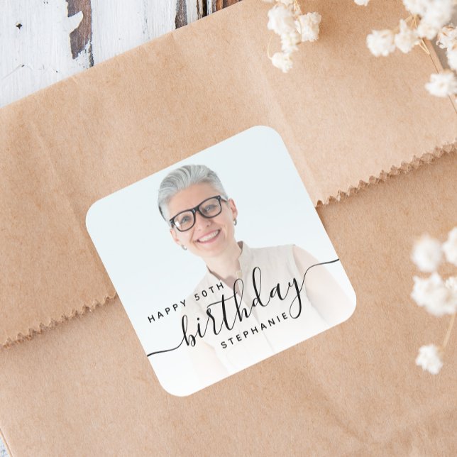 Personalised Photo Black Script 50th Birthday Square Sticker (Creator Uploaded)