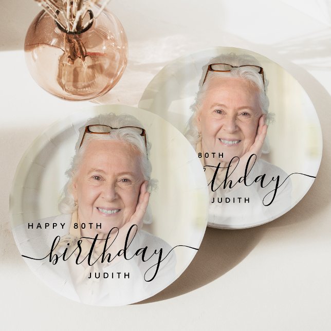 Personalised Photo Black Script 80th Birthday Paper Plate (Creator Uploaded)