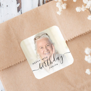 Personalised Photo Black Script 80th Birthday Square Sticker