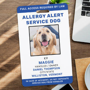 Personalised Photo Blue Allergy Alert Service Dog ID Badge