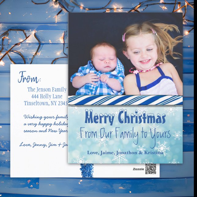 Personalised Photo Blue Candy Cane Christmas Holiday Postcard (Creator Uploaded)