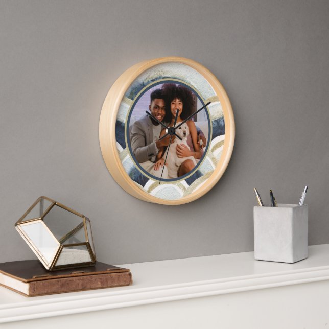 Personalised Photo Blue Watercolor Pattern Clock (Office)