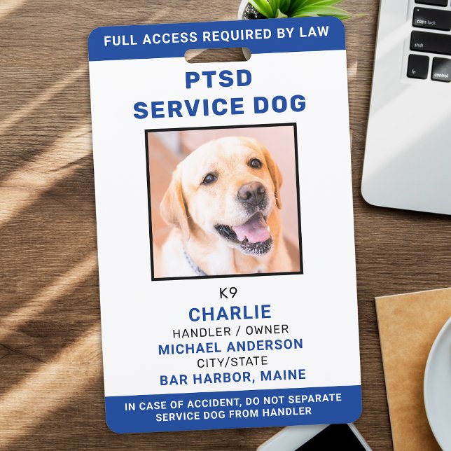 Personalised Photo Blue White PTSD Service Dog ID Badge (Creator Uploaded)