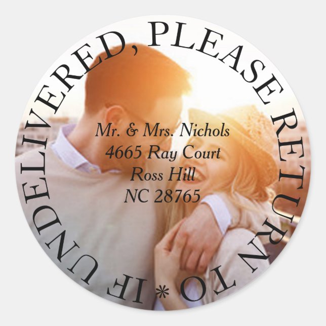Personalised Photo Bold Return Address Classic Round Sticker (Front)
