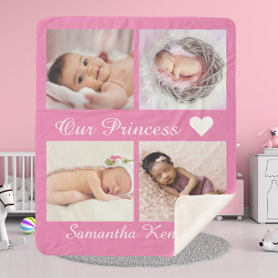 Personalised photo collage baby name monogram pink sherpa blanket