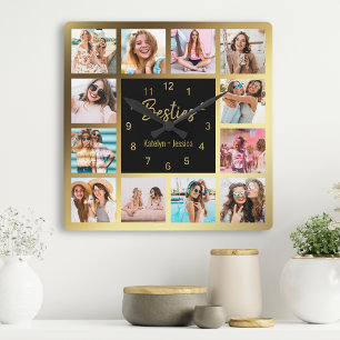 Personalised Photo Collage Besties Gold Black Square Wall Clock