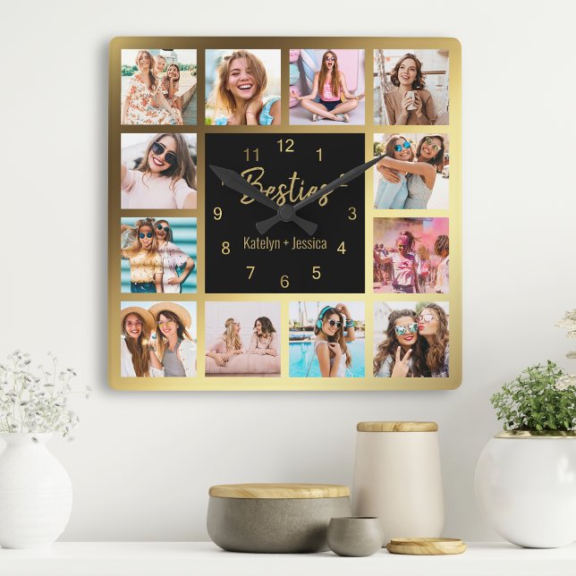 Personalised Photo Collage Besties Gold Black Square Wall Clock (Creator Uploaded)