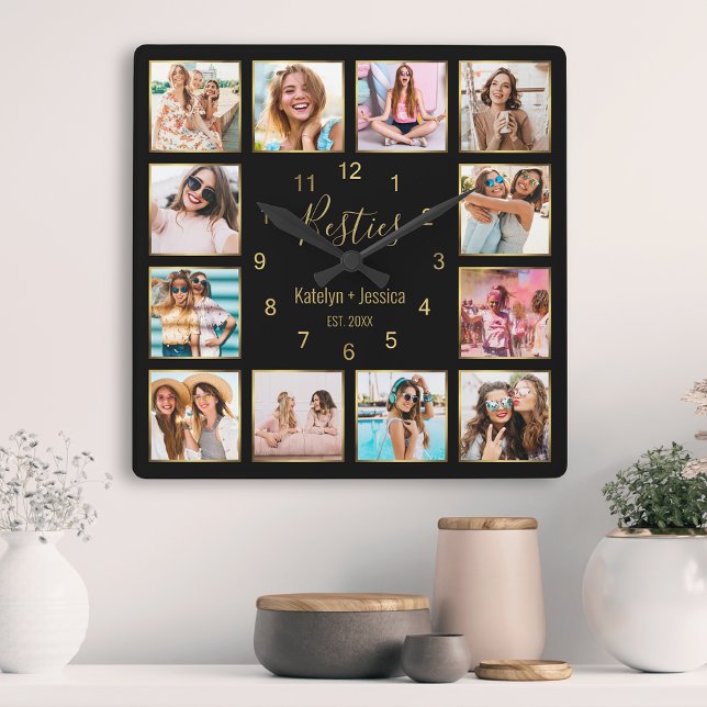 Personalised Photo Collage Besties Gold Black Square Wall Clock (Creator Uploaded)