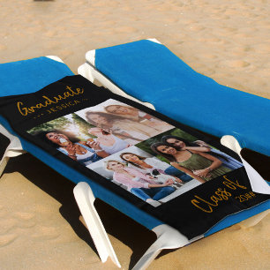 Personalised Photo Collage Black Gold Graduation Beach Towel
