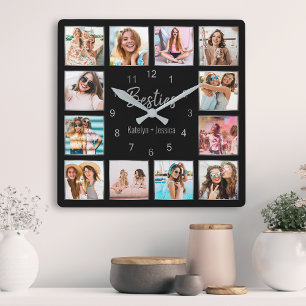 Personalised Photo Collage Black Silver Friendship Square Wall Clock