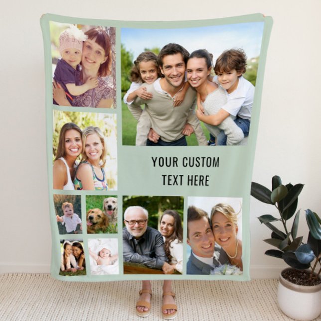 Personalised Photo Collage Sage Green Fleece Blanket (Creator Uploaded)