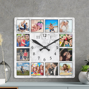 Personalised Photo Collage Stylish White Marble Square Wall Clock