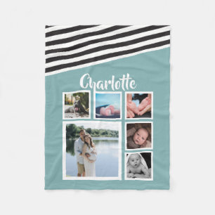 Personalised Photo Collage Teal Striped Unique Fleece Blanket