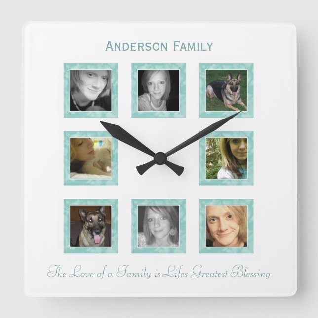 Personalised Photo Collage Wall Clock: Green Square Wall Clock (Front)