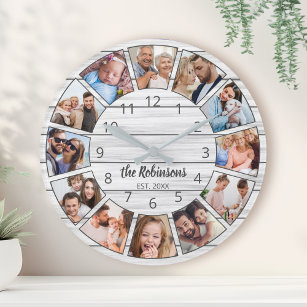 Personalised Photo Collage White Wood Family Large Clock