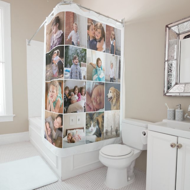 Personalised photo collage with sixteen photos shower curtain (In Situ)