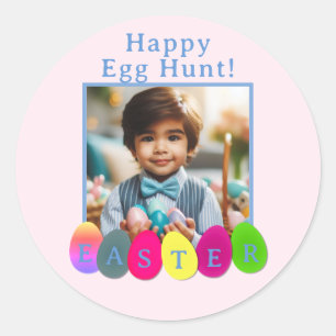 Personalised Photo Colour Egg Hunt Easter Pink Blu Classic Round Sticker