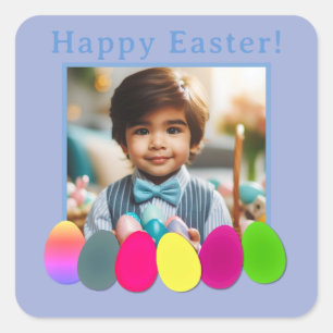 Personalised Photo Coloured Eggs Blue Happy Easter Square Sticker