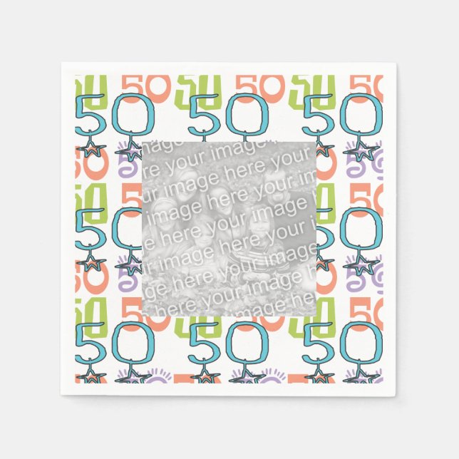 Personalised Photo Colourful 50th Birthday Party Napkin (Front)