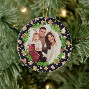 Personalised Photo Cute Gingerbread Christmas Navy Ceramic Tree Decoration