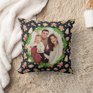 Personalised Photo Cute Gingerbread Christmas Navy Cushion