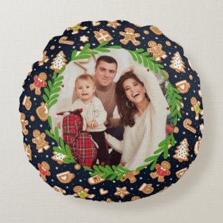 Personalised Photo Cute Gingerbread Christmas Navy Round Cushion