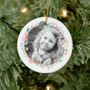Personalised Photo Delicate Floral Wreath Ceramic Tree Decoration