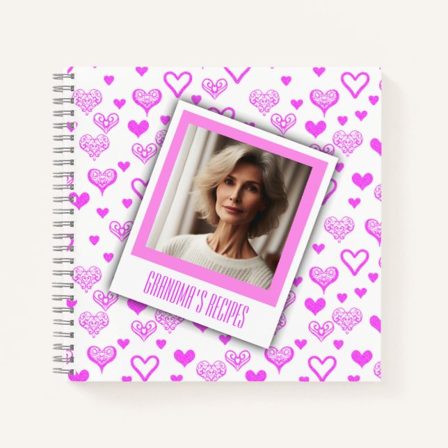 Personalised Photo Elegant Pink Hearts Recipe Book (Front)