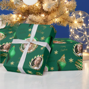 Personalised Photo Emerald Green Gold Christmas Wrapping Paper