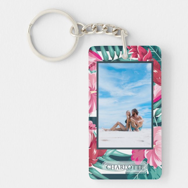 Personalised Photo Exotic striped Flowers Monogram Key Ring (Front)