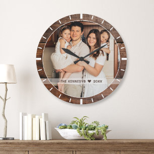 Personalised Photo Family Name Rustic Dark Wood Large Clock