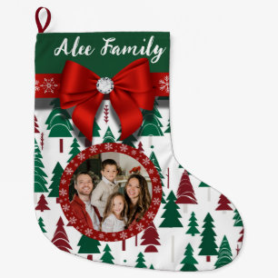 Personalised Photo Festive Christmas Tree & Bow Large Christmas Stocking