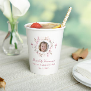 Personalised Photo First Communion Pink Floral Paper Cups