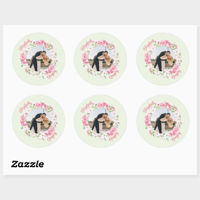 Personalised Photo Floral Frame with Bride Groom  Classic Round Sticker (Sheet)