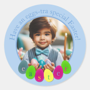 Personalised Photo Fun Coloured Easter Eggs in Blu Classic Round Sticker